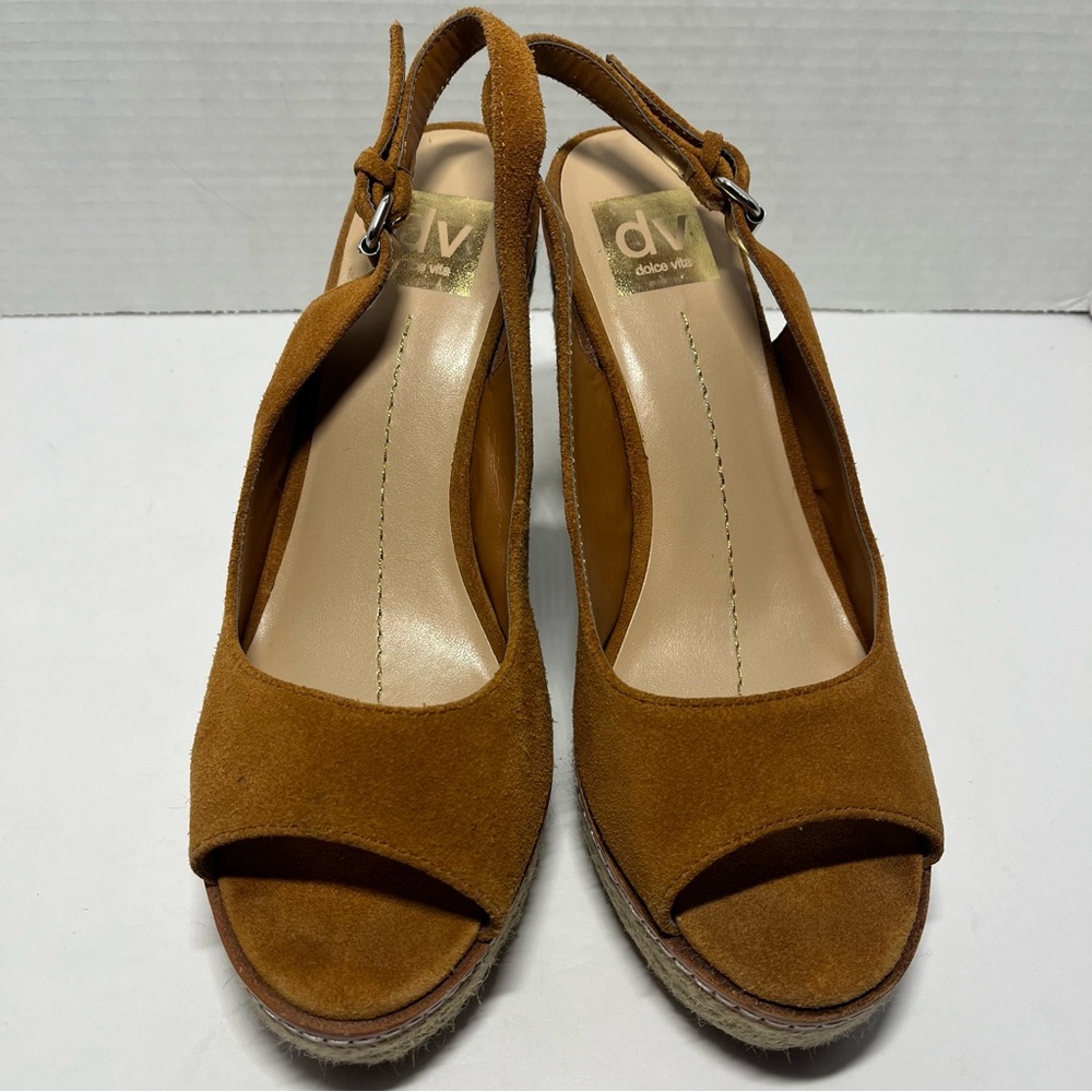 DV by Dolce Vita cognac suede open toe slingback buckle suede wedge sandals 8.5